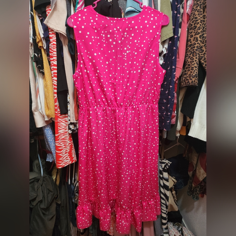 Shein Pink Poka Dot Summer Dress. V neck. Ruffle Hem Dress.